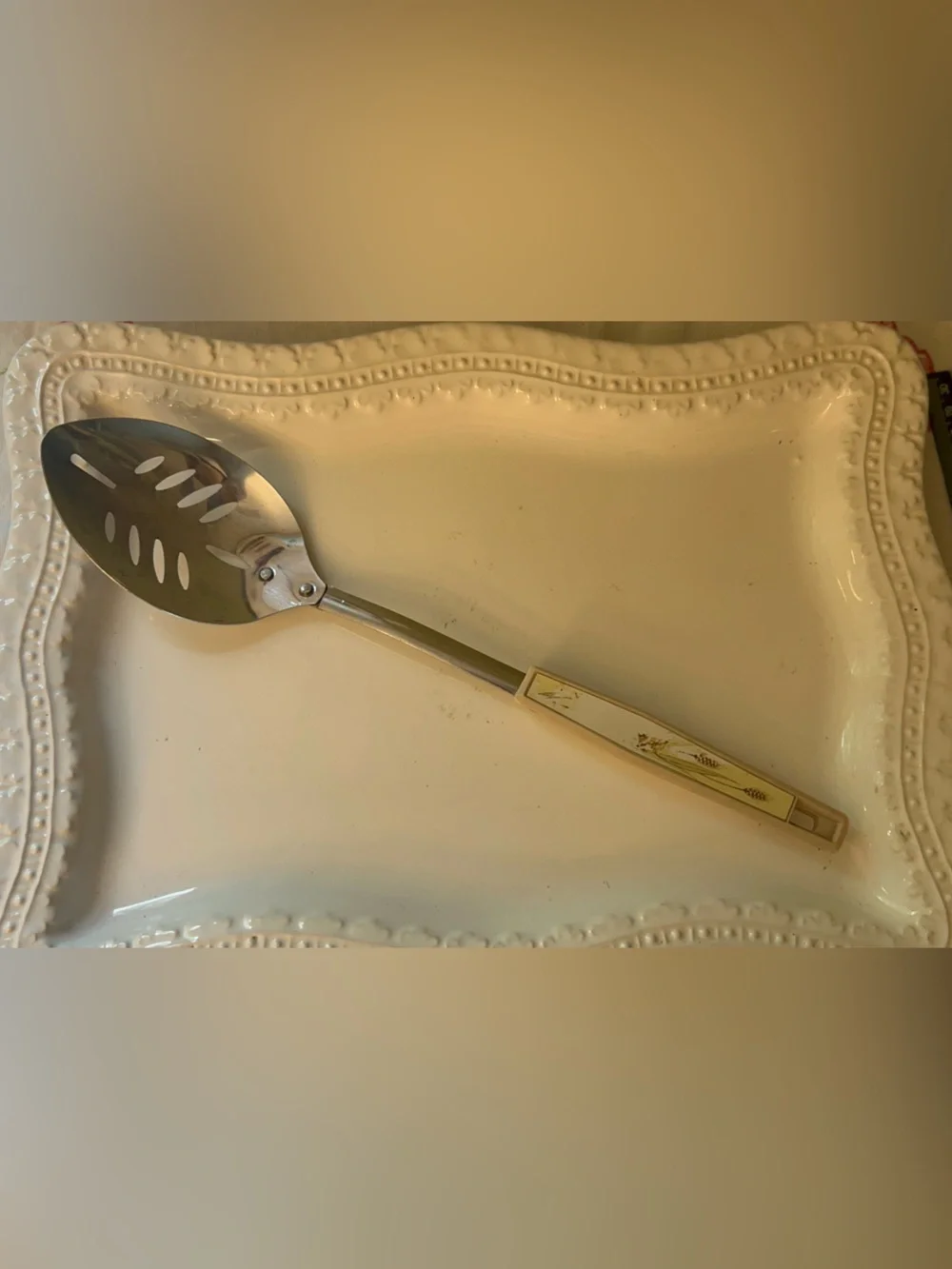Vintage KOCO Japan Stainless Steel Slotted Spoon Cream handle with Wheat Pattern